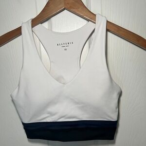 ALL FENIX White Racerback Sports Bra Deep Navy Band XS Athletic Fitness